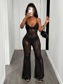 Slaydiva 2025 Autumn And Winter New Sexy Elegant Slim Black Transparent Lace Fabric Halter Neck Micro Flared Long Women Jumpsuit, Suitable For Country Concert Outfit,Halloween Costumes ,Christmas,Birthday Outfit,Club Outfits Women Sexy,Going Out, Party Gatherings-B