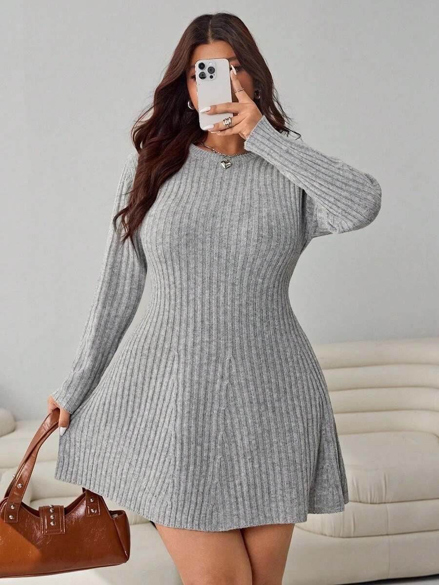 SHEIN EZwear 秋冬大码纯色罗纹针织休闲连衣裙 - 灰色 - 查看 1