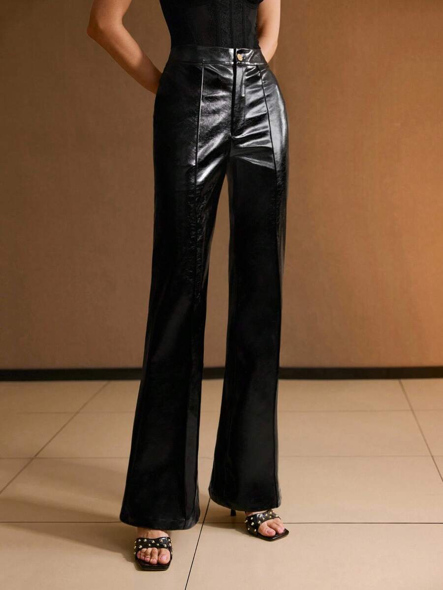 MOTF PREMIUM PU LEATHER SLANT POCKET SEAM FRONT FLARE LEG PANTS - Black - View 1