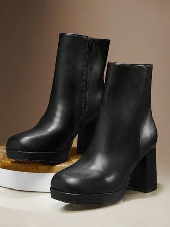 SHUZIA Women's Square Toe Chunky Heel Zip-On Ankle Booties