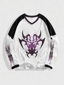 ROMWE MEN Street Life 男士撞色拼接印花插肩袖T恤，秋季款 - 黑色 - 查看 1