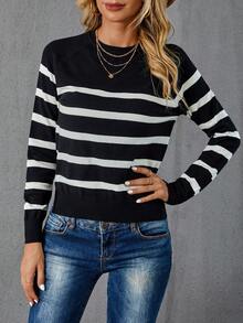 SHEIN LUNE Striped Pattern Sweater,Long Sleeve Tops Autumn Winter Clothes For Women - Black and White - View 5