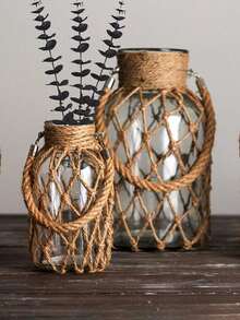 1 件乡村风格玻璃梅森罐，带黄麻 T 形装饰花瓶，用于干花、乡村风格家居装饰、婚礼中心装饰、DIY 工艺品和烛台房间装饰 - 棕色 - 查看 2