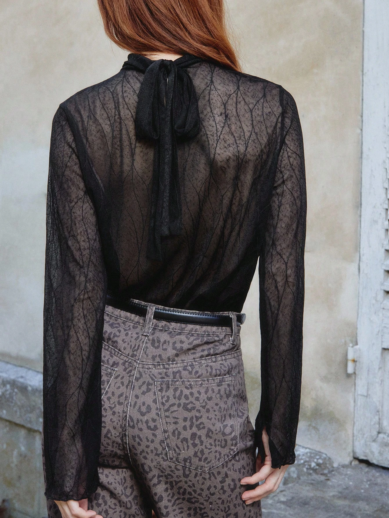 Black Sheer Mesh Top With High Neck, Long Sleeves And Deep V Front Panel Office Top Autumn Winter Top Night Out Outfits