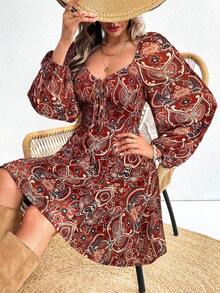 SHEIN VCAY 甜心领印花长袖修身迷你连衣裙，度假针织网眼 - 紅色 - 查看 5