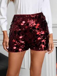 SHEIN Clasi Pantalones cortos de cintura alta de unicolor con parches de lentejuelas de moda, adecuados para fiestas y banquetes - Burdeos - Ver 6