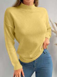 EURMUSE Women's Casual Solid Color Drop Shoulder Pullover Sweater - Yellow - View 3