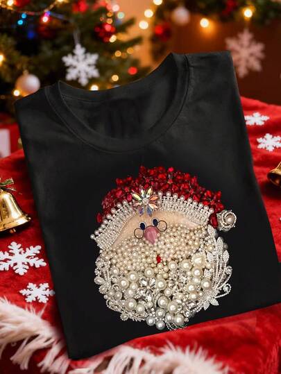 Lalippa Camiseta de cuello redondo con estampado de joyas falsas de Papá Noel, regalo de Navidad
