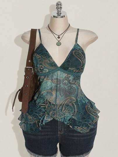 SHEIN ICON Camiseta de tirantes con volantes y estampado floral de anacardo para mujeres de talla grande, conjunto de ropa de mujer para el 4 de julio, blusas de verano lindas para salir