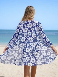 SHEIN Swim Summer Beach Floral Print Drawstring Bikini With Kimono - Royal Blue - View 2