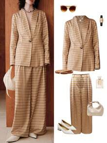 Uhlyne 女士简约格纹印花长裤，适合秋冬度假的专业商务休闲裤 - 橘色 - 查看 1