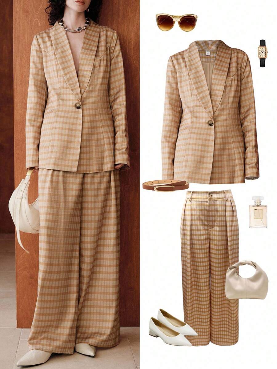 Uhlyne 女士简约格纹印花长裤，适合秋冬度假的专业商务休闲裤 - 橘色 - 查看 1