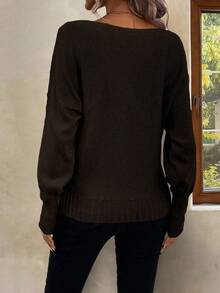 SHEIN LUNE Casual Versatile Solid Color Batwing Sleeve Sweater - Brown - View 2