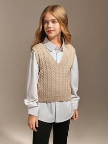 Hanevo 適合青少年女孩的粗織深v領毛衣背心 - 卡其色 - 查看 3