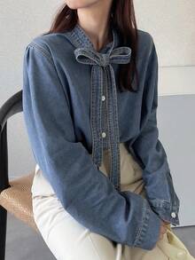 FRIFUL 女式长袖系带领单排扣休闲牛仔衬衫、牛仔夹克、秋季女装 - 藍色 - 查看 6