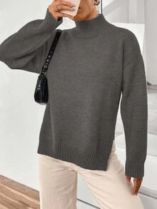 SHEIN LUNE 女式休闲纯色立领侧开衩毛衣，秋冬 - 深灰色 - 查看 3