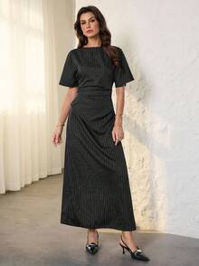 SHEIN Tall Váy kẻ sọc thời trang đi làm dành cho nữ - Đen và trắng - Xem 3
