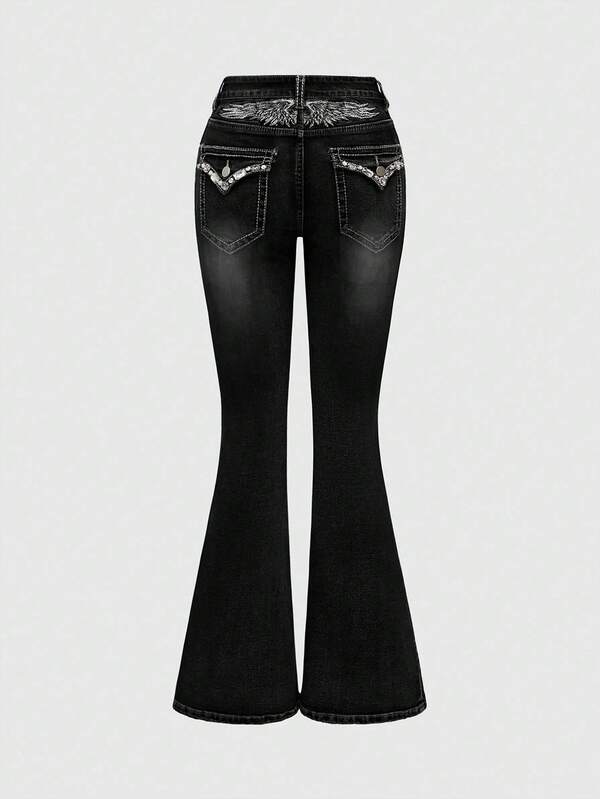 ROMWE PETITE Women's Casual Flare Rhinestone Wing Embroidered Low Waist Jeans