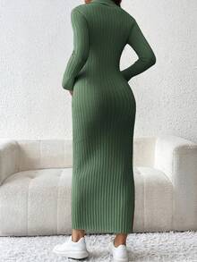 SHEIN 优雅纯色修身长款孕妇针织连衣裙 - 軍綠色 - 查看 2