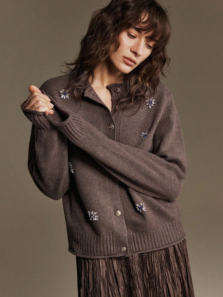 Women's 5% Wool Blend Knit Cardigan,Loose Fit Waist Design,Elegant Shades Of Brown,Autumn Tea Party,Modern Urban Office Wear,Old Money Style,Dark Grey