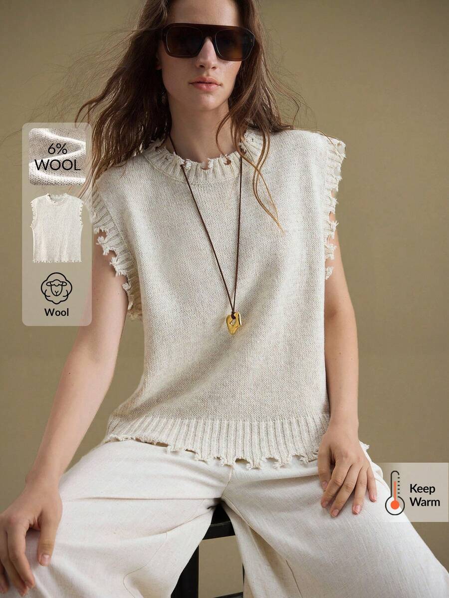 Ontre 2025年新款针织混纺无袖套头衫，杏色，宽松版型，流苏装饰，简约设计，休闲风格，商务休闲，复古气息，适合返校季 - 杏色 - 查看 1