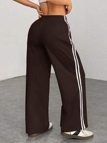 SHEIN PETITE 女式休闲黑色侧条纹长裤，松紧腰身，宽松百搭