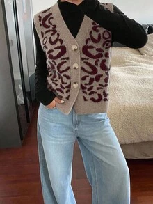 Siren Gaze 女式前扣无袖V领休闲豹纹针织毛衣背心秋冬款 - 彩色 - 查看 6
