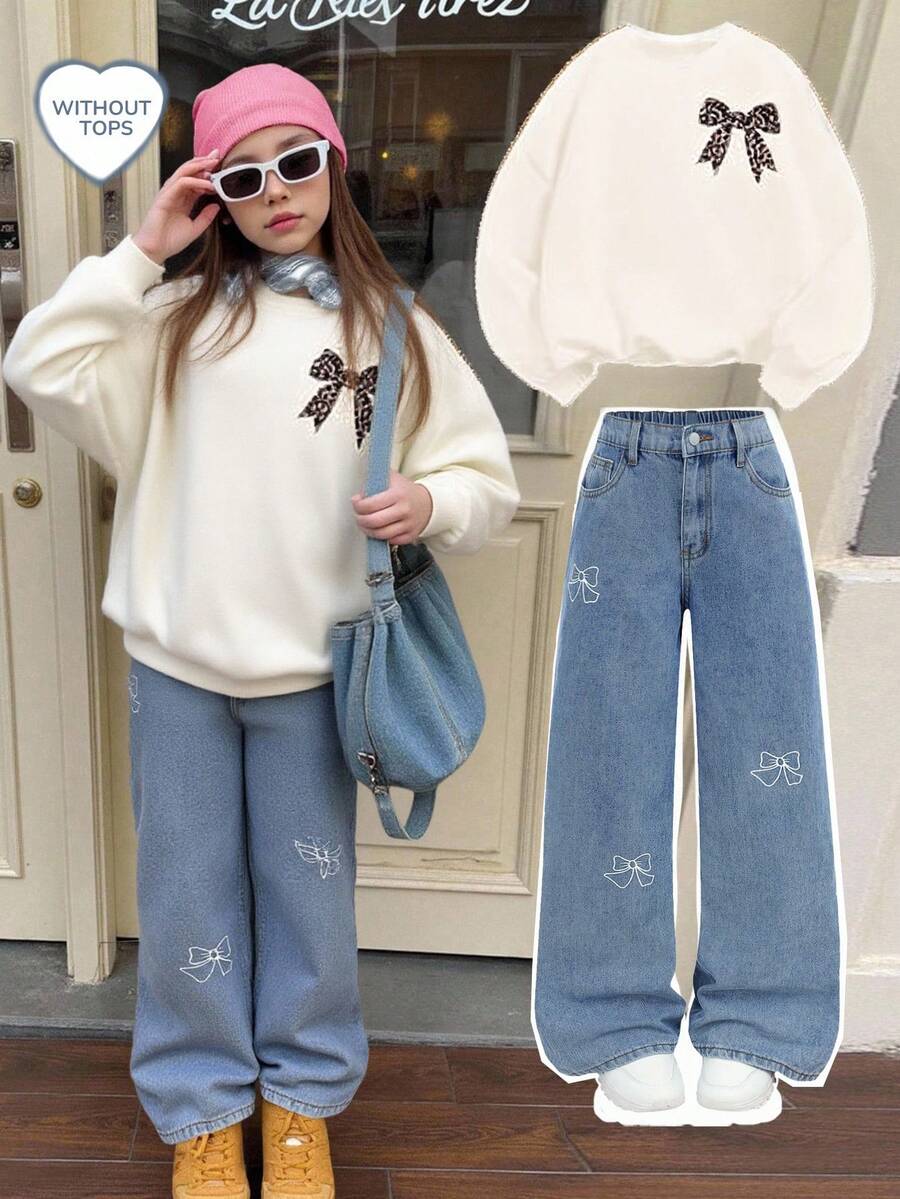 少女时尚休闲 Y2K 复古酷炫街头风，适合返校、大学、冬季、秋季，白色蝴蝶结图案蓝色宽松舒适牛仔裤，柔软舒适，日常穿着舒适，也适合锐舞音乐节和街头服饰。 - 藍色 - 查看 1