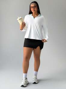 Rhythm Era Camisa polo de mujer con cuello de canalé, contraste de color, letra en V, ajuste slim, manga larga, casual, deportiva, para tenis, correr a diario, tallas grandes - Blanco - Ver 6