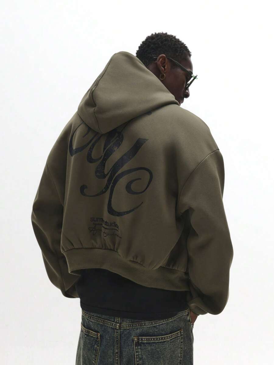 SUMWON Retro Graffiti Style Full Zip Winter Hoodie Casual Street Style Urban Wear With Back Text Print And Front Logo - Green - View 1