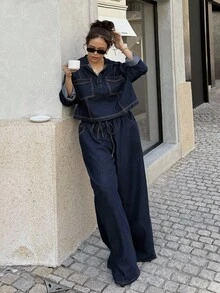 Dripcurv Bộ đồ 2 món áo thun tay dài cổ polo và quần jeans dáng rộng thoải mái cho nữ cỡ lớn, mùa thu - Rửa tối - Xem 1