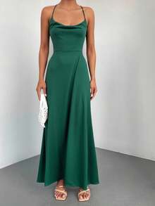 EURMUSE Vestido camisero con cuello drapeado y abertura en el muslo - Verde - Ver 4