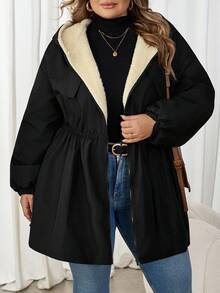 SHEIN CURVE+ Plus Size Women's Cinched Waist Thermal Lined Hooded Jacket, Women's Autumn/Winter Coat - Black - View 3