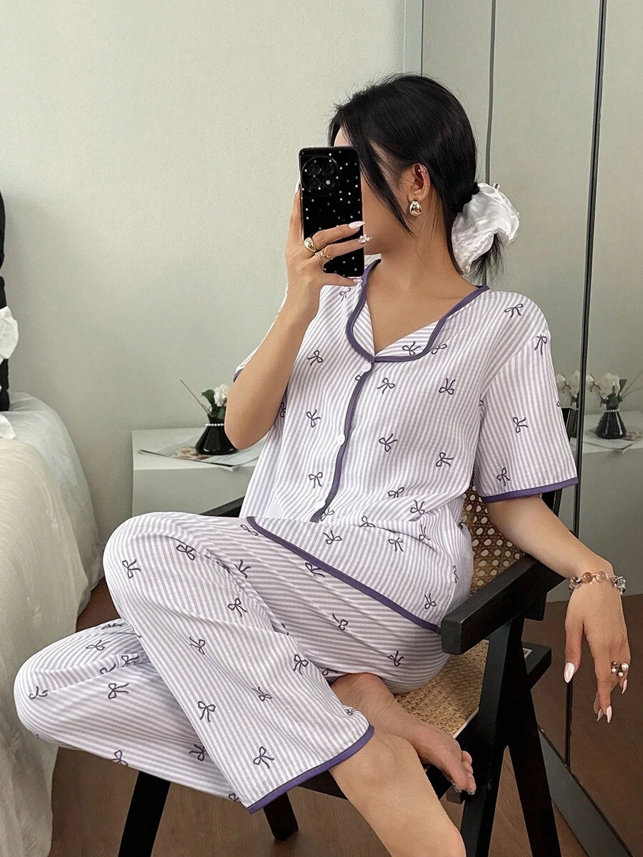 SHEIN 粉色和白色条纹蝴蝶结开衫休闲女士睡衣套装 - 紫色 - 查看 1