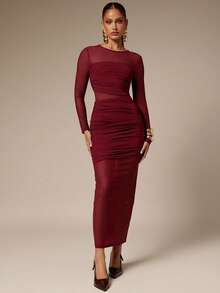 Silquee 女式纯色圆领长袖褶皱网眼修身连衣裙 - 酒紅色 - 查看 4