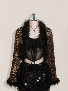 SHEIN ICON 大码女式豹纹 Y2k 毛绒装饰系带短款夹克秋冬女装 - 彩色 - 查看 4
