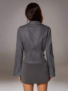 TRNVIE 1pc Women's Gray Striped Lace Patchwork V-Neck Long Sleeve Casual, Commuting, Leisure Blouse - Grey - View 2