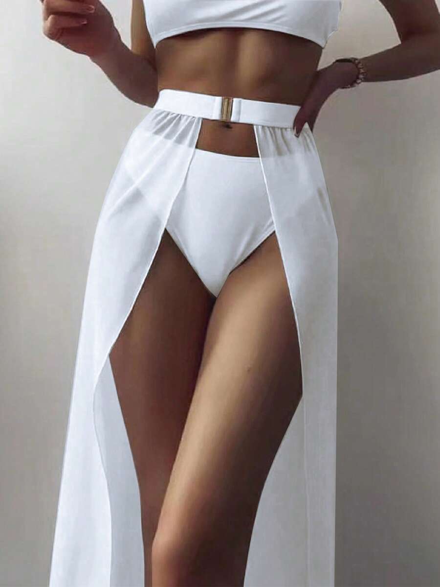 SHEIN Swim 搭扣腰帶透明罩衫 - 白色 - 查看 1