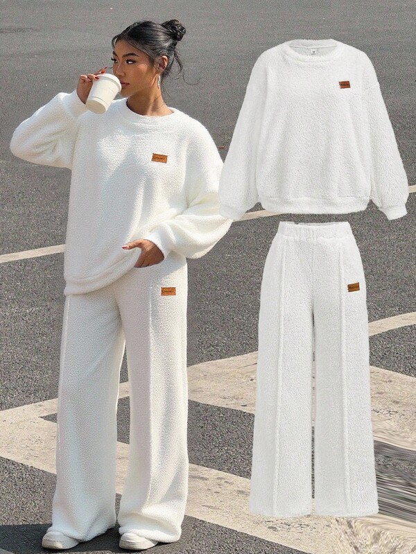 SHEIN Teen Girls Solid Color Double-Sided Fleece English Logo Sweatshirt And Pants Casual Suit Fall Winter