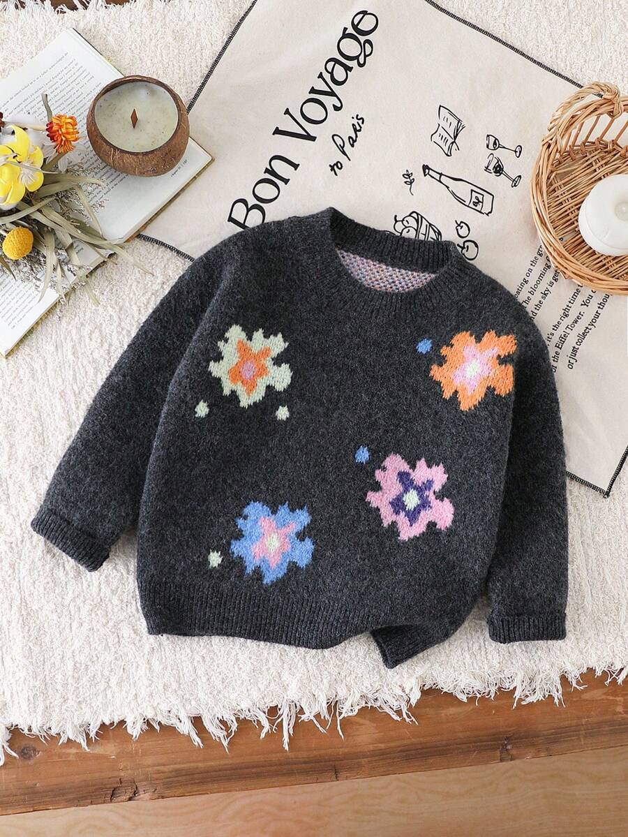 Young Girl Floral Jacquard Crew Neck Thick Fleece Sweater, Suitable For Outdoor Travel, Elegant, And Comfortable Home Wear, Autumn/Winter - Dark Grey - View 1