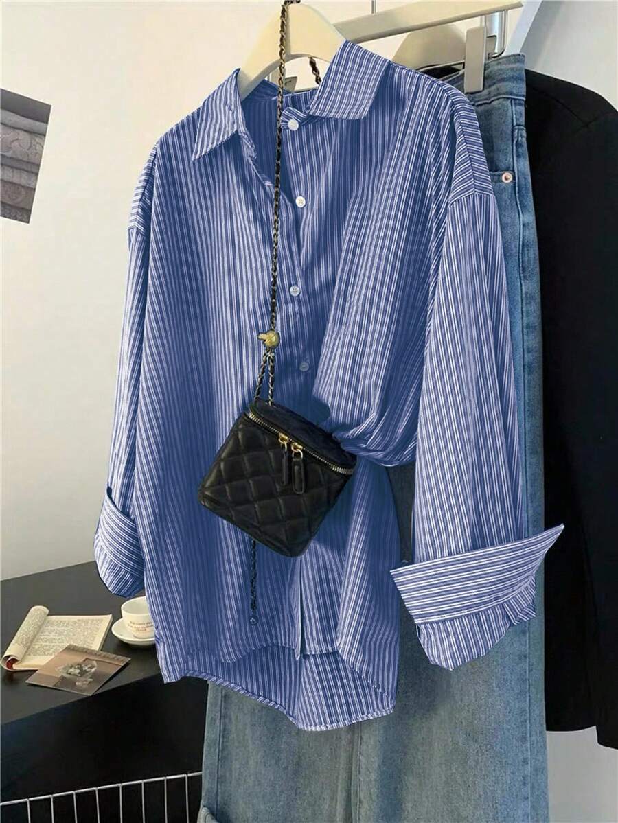 Franclia 女式格子落肩长袖条纹休闲通勤衬衫，秋季 - 藍色 - 查看 1