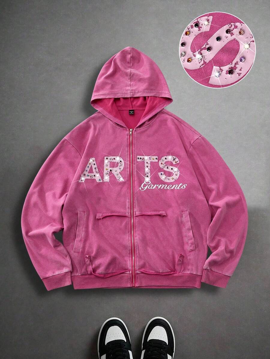 Manfinity Roghcode 1pc Men's Hooded Sweatshirt, Bestselling Ins-Popular Hoodie, Pink Hooded Sweatshirt Sweatshirt, Overall Design Is Casual & Fashionable With A Playful, Graffiti-Like Aesthetic. Ins Bestseller, Suitable For Young Casual Streetwear, Commuting, Back To School, Vacation. Gift For Husband Or Boyfriend, Unisex Couple Matching Pink Zip Up Hoodie Rhinestone Hoodie Pink Hoodie Graphic Hoodie Zip Up Hoodie, Fall