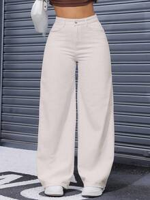 SHEIN ICON Plus Size Women Casual Loose Wide Leg Solid Color Button Jeans - Apricot - View 4