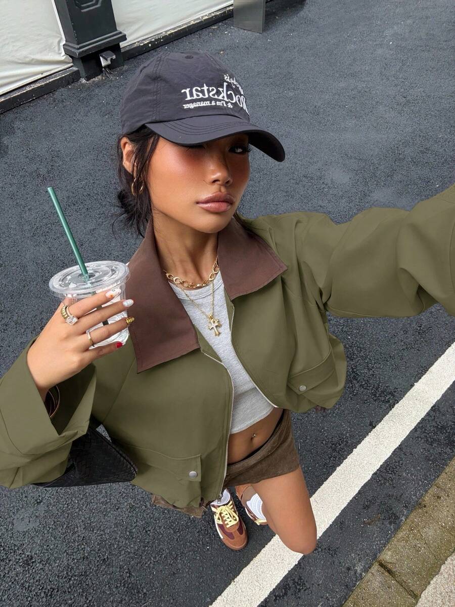 Muchica Khaki Oversized Pocket Turndown Collar Short Jacket, Autumn New Arrival - Army Green - View 1
