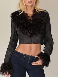 Aloruh Damen Jacke für Herbst/Winter, modischer vintage-bohemian Kunstpelzkragen Patchwork gewaschenePU-Lederjacke