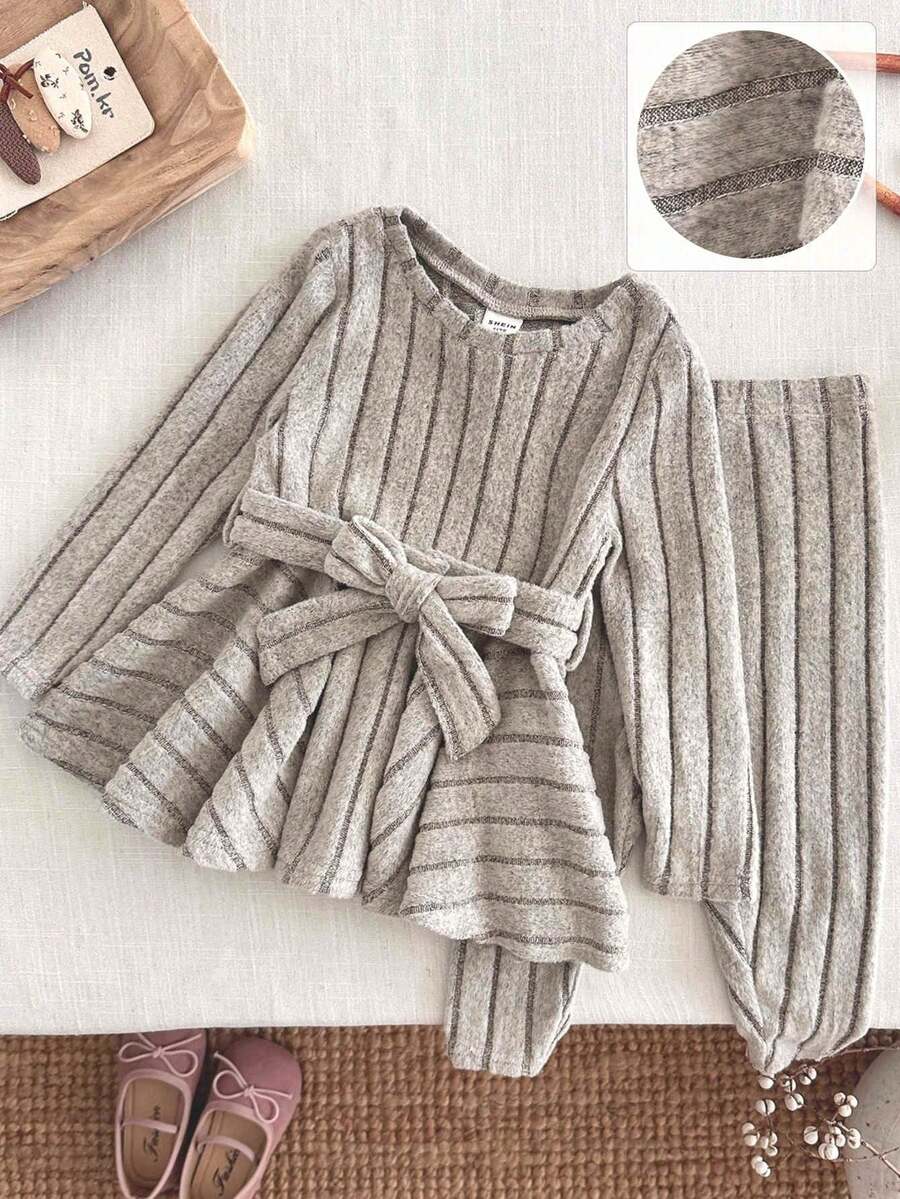 LMoss Kids LMoss 2pcs Baby Girl Knit Set Solid Color Crew Neck T-Shirt And Leggings Grey Autumn Casual Outfit,Matching Family Winter Clothes For Fall Ensemble - Apricot - View 1