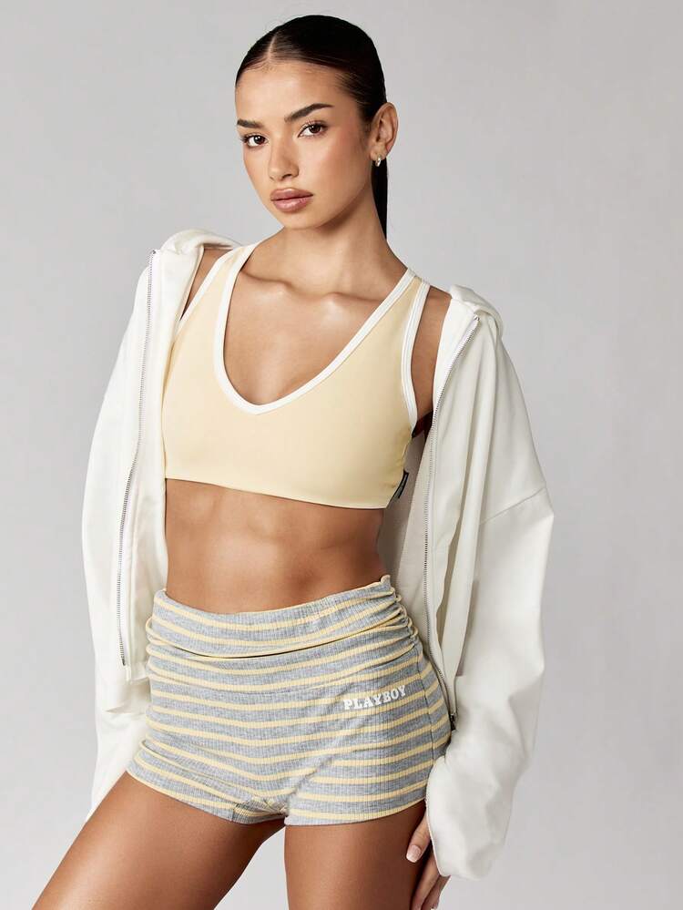 Missguided x Playboy V-Ausschnitt Cross-Back Sport-BH mit hoher Stützwirkung, feuchtigkeitsableitend, für Athletik, Laufen, Training, Fitness-Aktivitäten