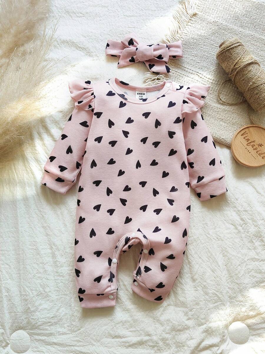 情人节新生儿爱心印花连体衣，舒适针织休闲连体衣配发带，秋冬季款