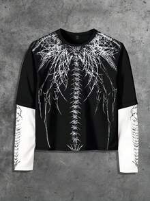 ROMWE MEN Street Life Men's Gothic Printed Long Sleeve T-Shirt, 2 In 1 Top, Fall