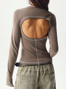 Bohemela BOHO Casual Solid Color Knit Long Sleeve Backless Women Top, Autumn - Mocha Brown - View 8